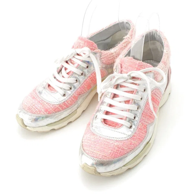 Chanel Tweed CC Logo Sneakers Pink Silver in Pink Tweed from The Reluxe