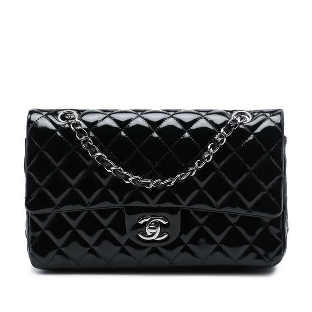 Black Chanel Medium Classic Patent Double Flap Shoulder Bag in Black Patent leather from Designer Revival