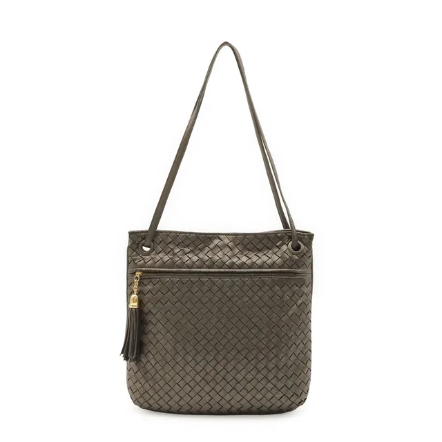 Bottega Veneta Intrecciato Shoulder Bag Tote Tassel Fringe Leather Metallic Gray in Grey Woven leather from The Reluxe