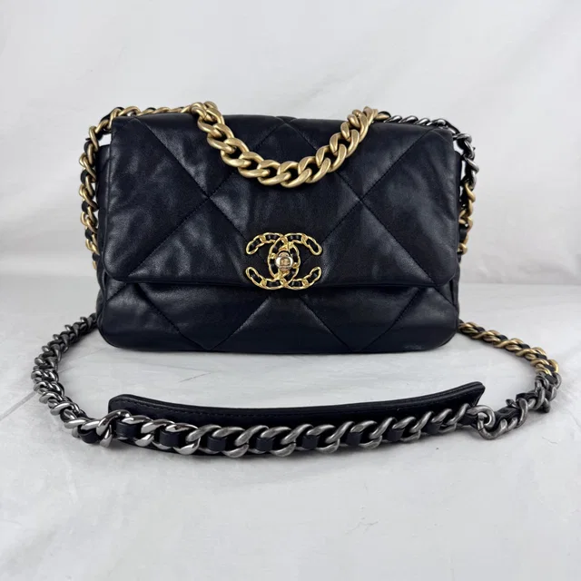 Chanel 19 Small Black Bag in Black Lambskin, Metal, ruthenium, shiny lambskin leather from Reowned