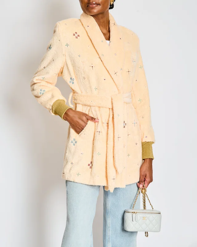Chanel Peach Terrycloth Robe Jacket with Embellishments and Gold Cuffs Size FR 34 (UK 6) in Gold from Sellier