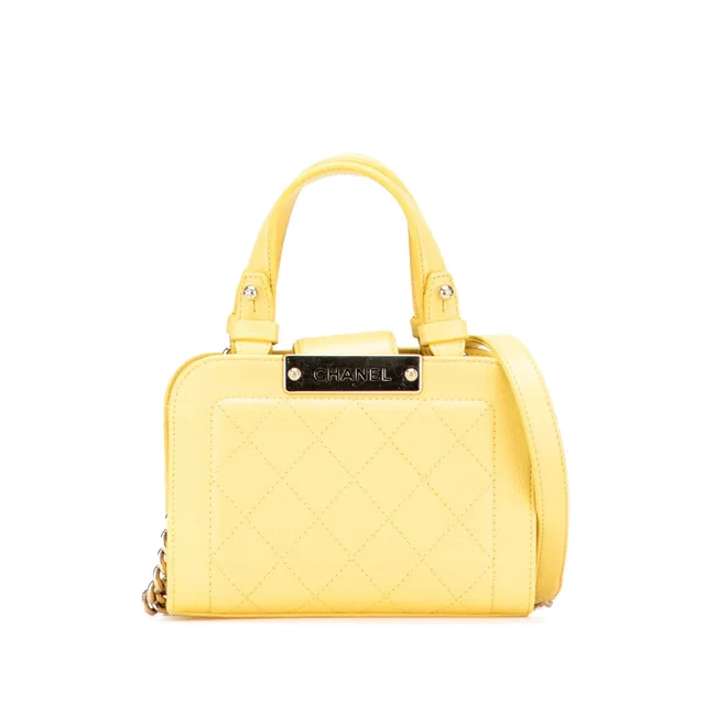 Yellow Chanel Mini Calfskin Label Click Shopping Tote Satchel in Yellow Calfskin from Designer Revival