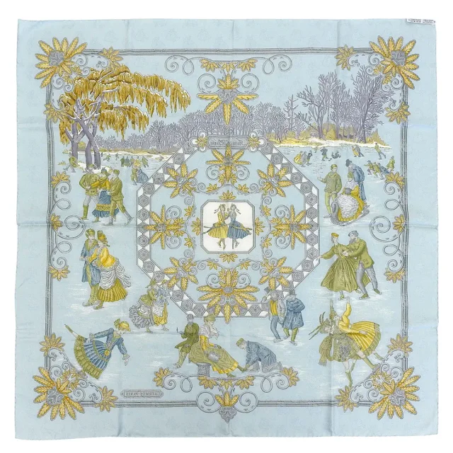 Hermès Carré 90 Les Joies d'Hiver Pattern Scarf Light Blue/Multi in Blue Silk from VINTAGE QOO TOKYO, photo 9 of 9