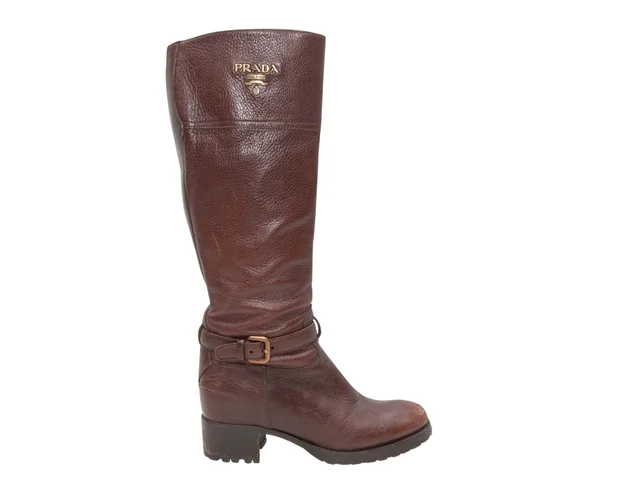Vintage Brown Prada Knee-High Buckle Boots Size 38.5 from Designer Revival
