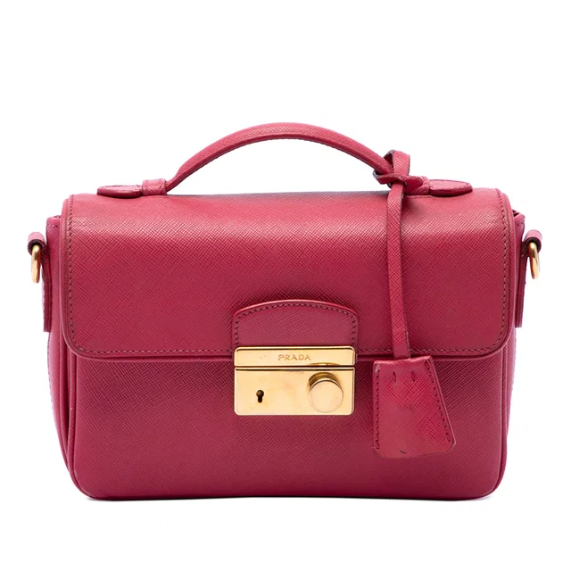 Pink Prada Saffiano Sound Lock Satchel in Pink Saffiano leather from Designer Revival