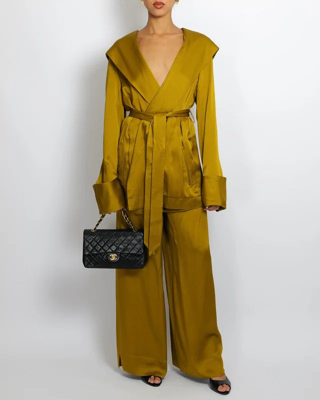 Saint Laurent Olive Green Silk Belted Jacket and Trouser Set with Hood Size FR 36/38 (UK 8/10) in Green Silk from Sellier