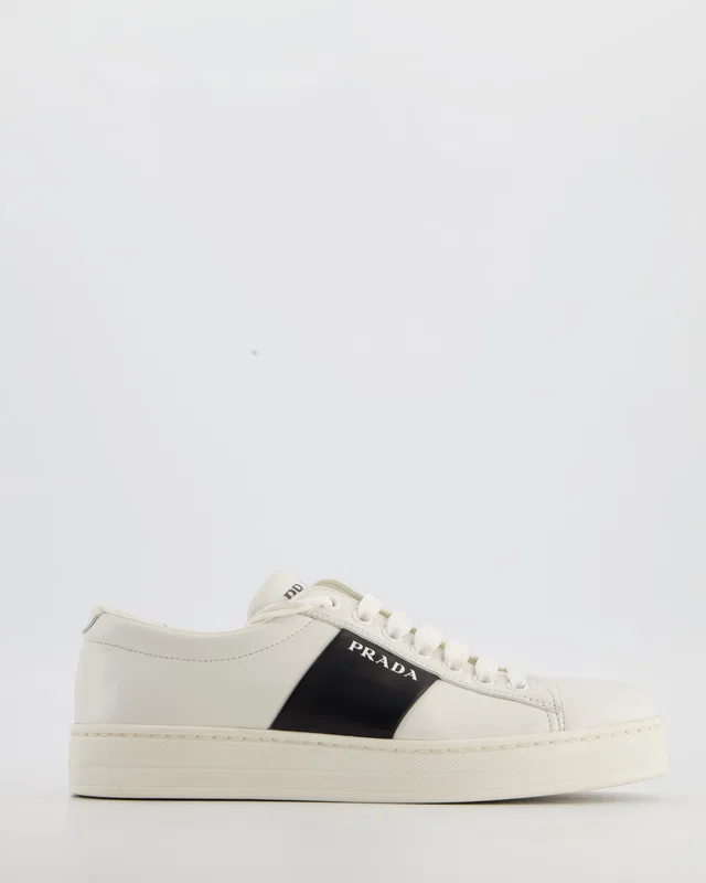 Prada White Laced Leather Trainers with Black Stripe Logo Size EU 36 in Black Leather from Sellier