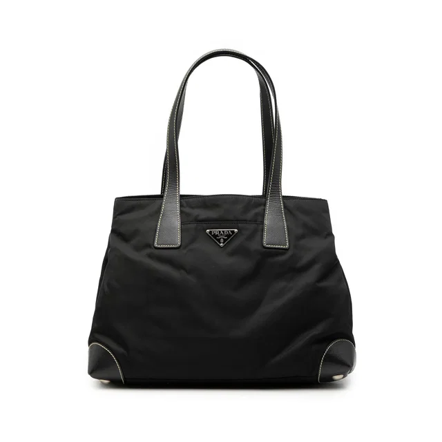 Black Prada Saffiano Trimmed Tessuto Shopper Tote in Black Saffiano leather from Designer Revival