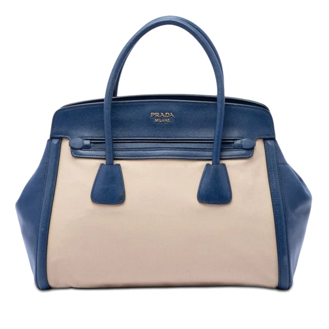 Blue Prada Saffiano Cuir Trimmed Canapa Satchel in Blue Saffiano leather from Designer Revival