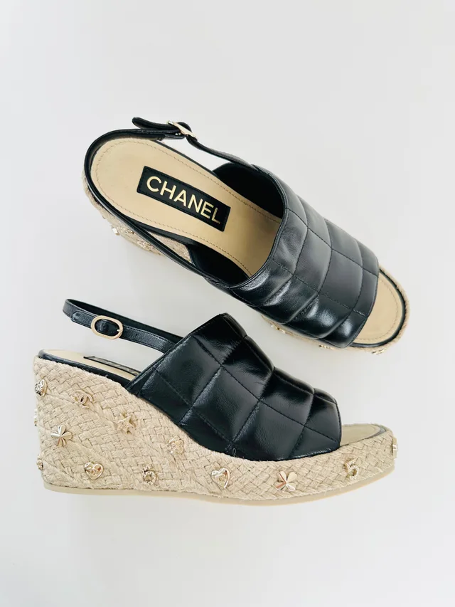 Chanel Icon Stud Wedge Sandals - Size 40 in Lambskin from Edit Second Hand