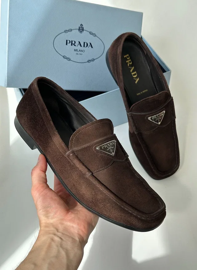 Prada Fw2023 Logo Plaque Suede Loafers Brown Leather Vintage, Men's (Size 9) in brown|red Suede from Grailed