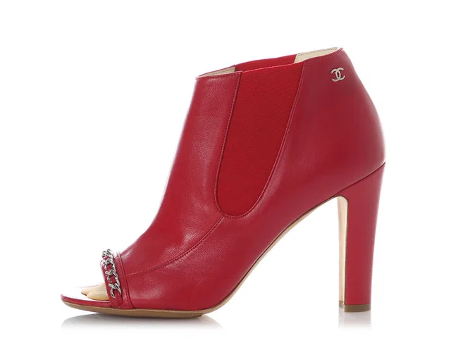 Chanel Red Leather Open-Toe Chain Ankle Boots in Red Leather from Ann's Fabulous Finds