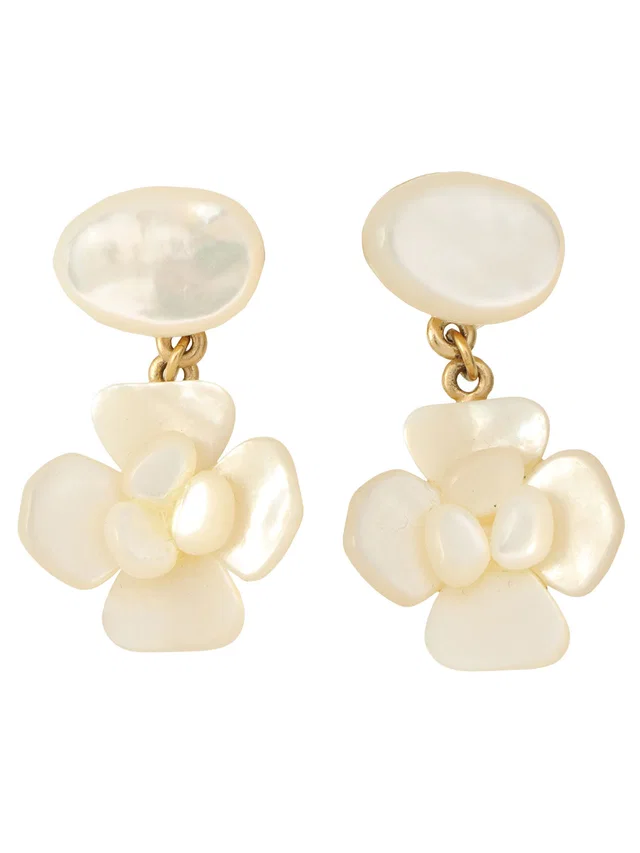 Chanel 2001 Camellia Motif Swing Earrings Gold/Shell in Gold from VINTAGE QOO TOKYO