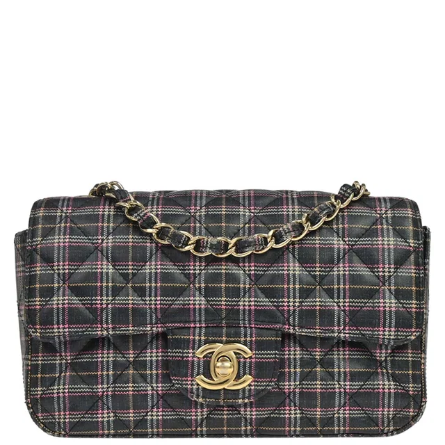 Chanel 2019 Navy Calfskin Plaid Printed Flap Bag Shoulder Bag in Navy Calfskin from AMORE Vintage Tokyo