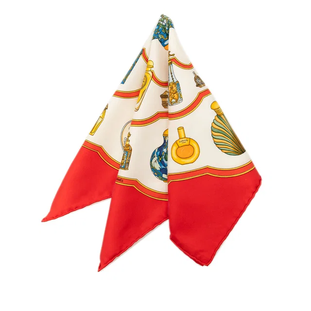 White Hermès Qu Importe Le Flacon Silk Handkerchief in White Silk from Designer Revival
