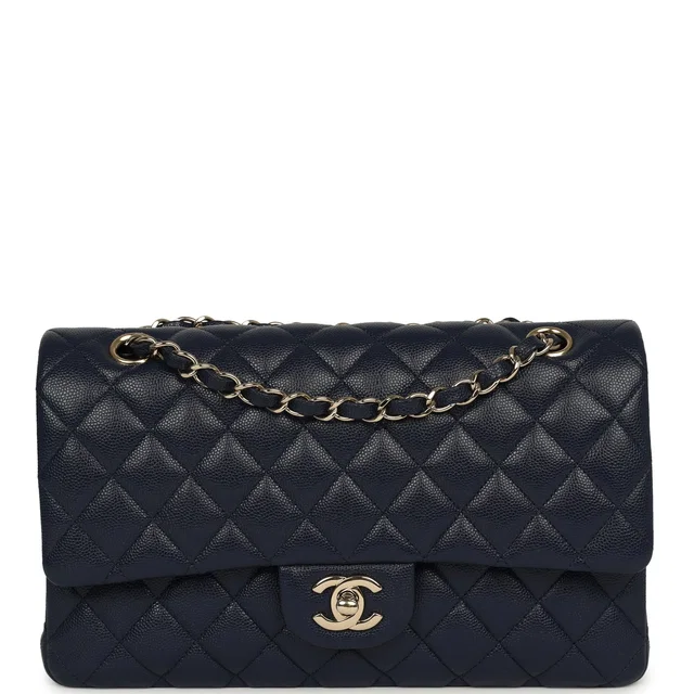 Chanel Medium Classic Double Flap Bag Navy Blue Shiny Caviar Light Gold Hardware in Navy Caviar leather from Madison Avenue Couture