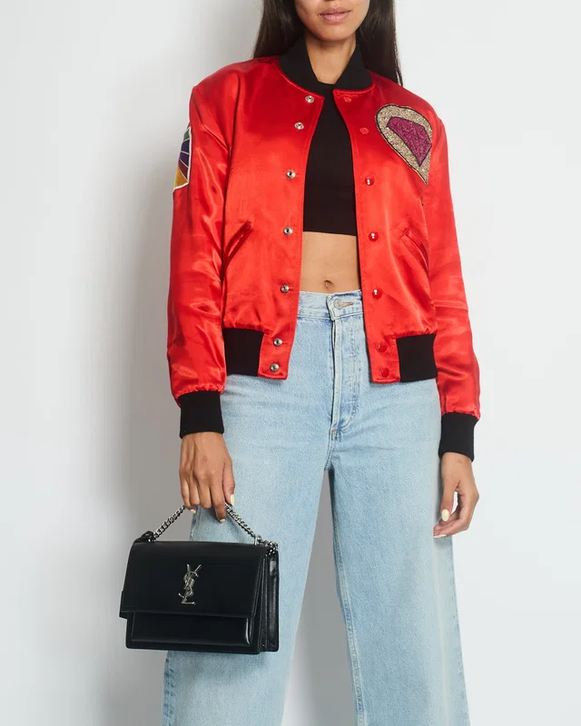 Saint Laurent Red and Black Silk Bomber Jacket with Glitter Patches Size FR 36 (UK 8) in Black Silk from Sellier