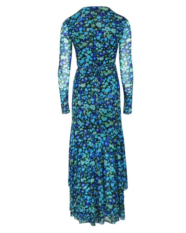 GANNI Floral Print Mesh Wrap Dress in Blue Polyamide in Blue, photo 2 of 6 from ShopSimon