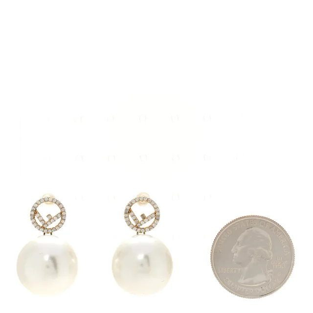 Fendi Metal Crystal Pearl Logo Drop Earrings Gold in Gold Resin from FASHIONPHILE, photo 2 of 7