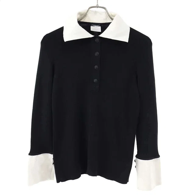 Chanel Long Sleeve Ribbon Knit Polo Shirt Black White 42 in Black Nylon from The Reluxe