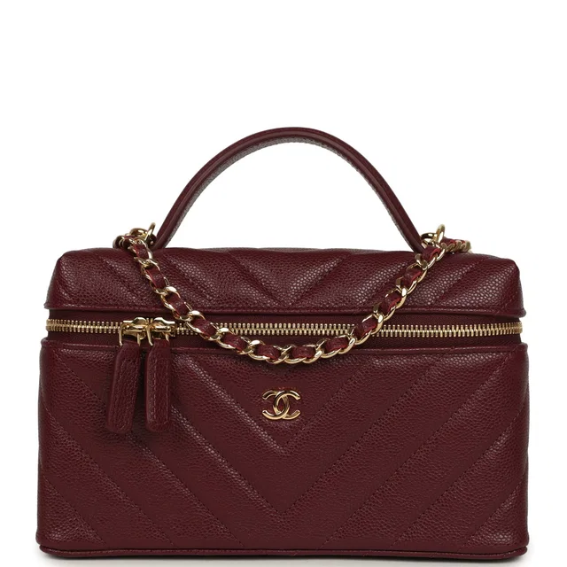 Chanel Chevron Top Handle Long Vanity Case in Burgundy Caviar leather from Madison Avenue Couture