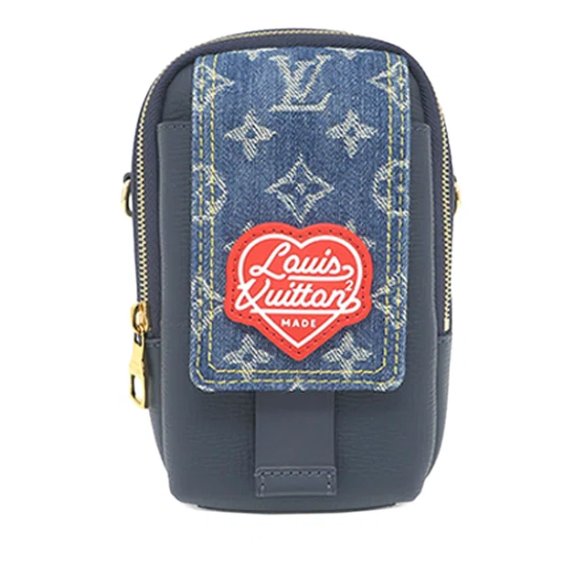 Blue Louis Vuitton Nigo Monogram Denim and Taurillon Double Phone Pouch Crossbody Bag in Blue Denim from Designer Revival