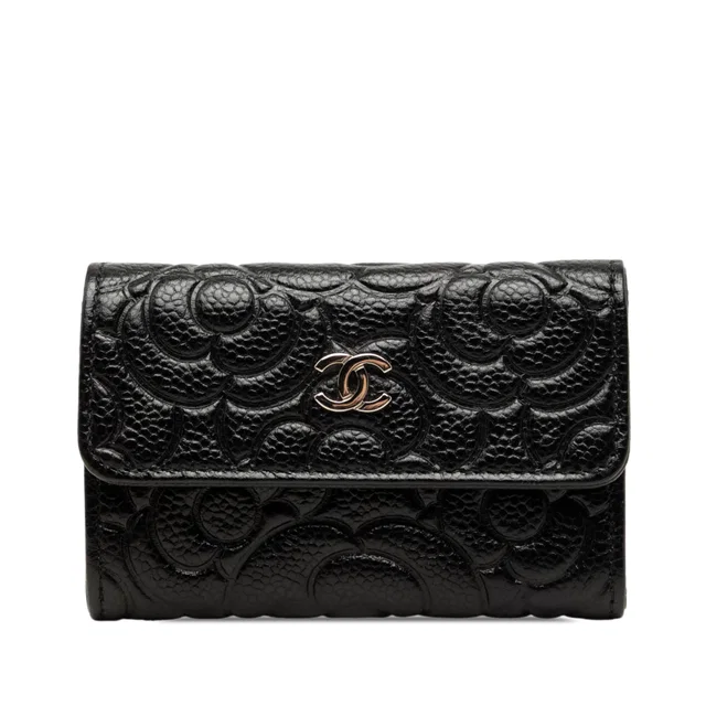 Black Chanel CC Embossed Caviar Camellia Card Holder in Black Caviar leather from Designer Revival