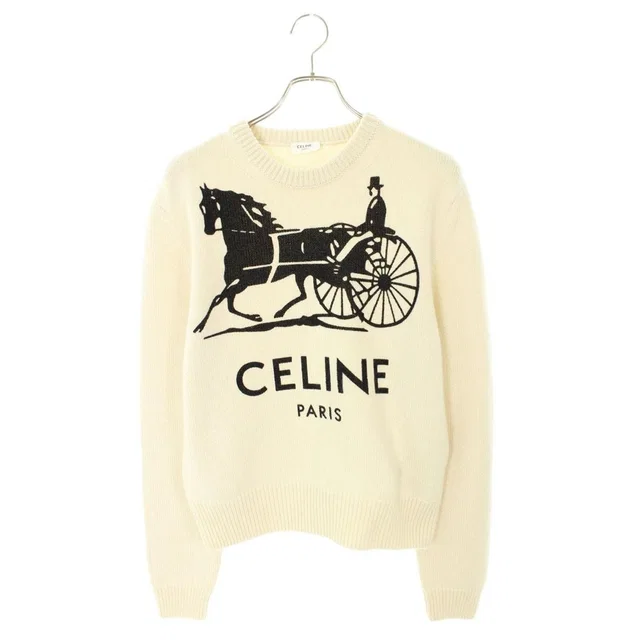 Celine Logo Embroidery Crew Neck Cashmere Knit Sweater White Black in Black Cashmere from The Reluxe