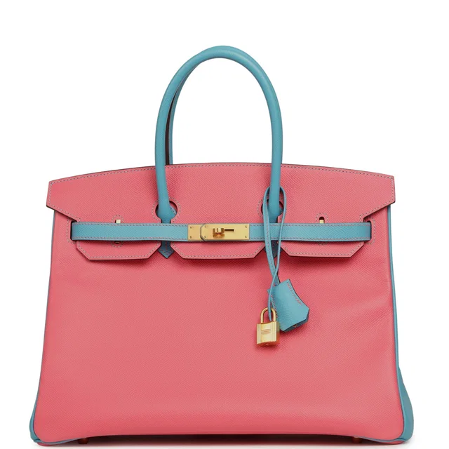 Hermès Special Order (HSS) Birkin 35 Rose Lipstick, Bleu Du Nord Epsom Brushed Gold Hardware in Blue Epsom leather from Madison Avenue Couture