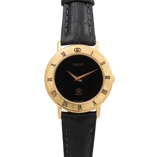 Gucci Round Logo Face Watch 29.8mm 3001L Quartz Black in Black Leather from VINTAGE QOO TOKYO