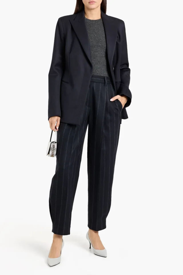 Brunello Cucinelli Pinstriped Wool-Blend Tapered Pants in Midnight blue, photo 2 of 4 from THE OUTNET