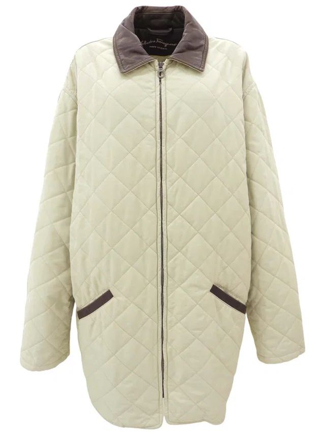 Ferragamo Quilted Gancini Zip Coat #50 Beige/Brown in Brown Nylon from VINTAGE QOO TOKYO