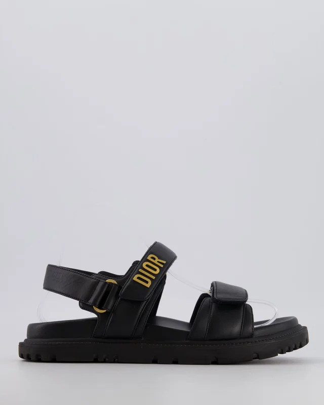 Dior Dioract Dad Sandals in Black Lambskin with Brushed Gold Logo Size EU 37 in Black Lambskin from Sellier