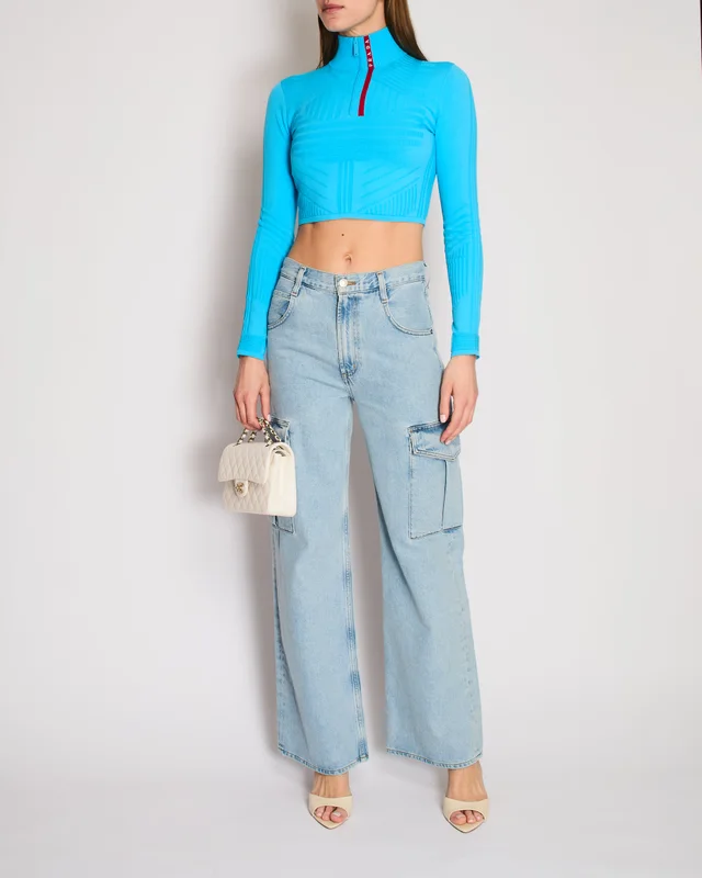 Prada Blue Cropped Ribbed Logo Long Sleeve Top Size XS (UK 4) in Blue from Sellier, photo 2 of 2