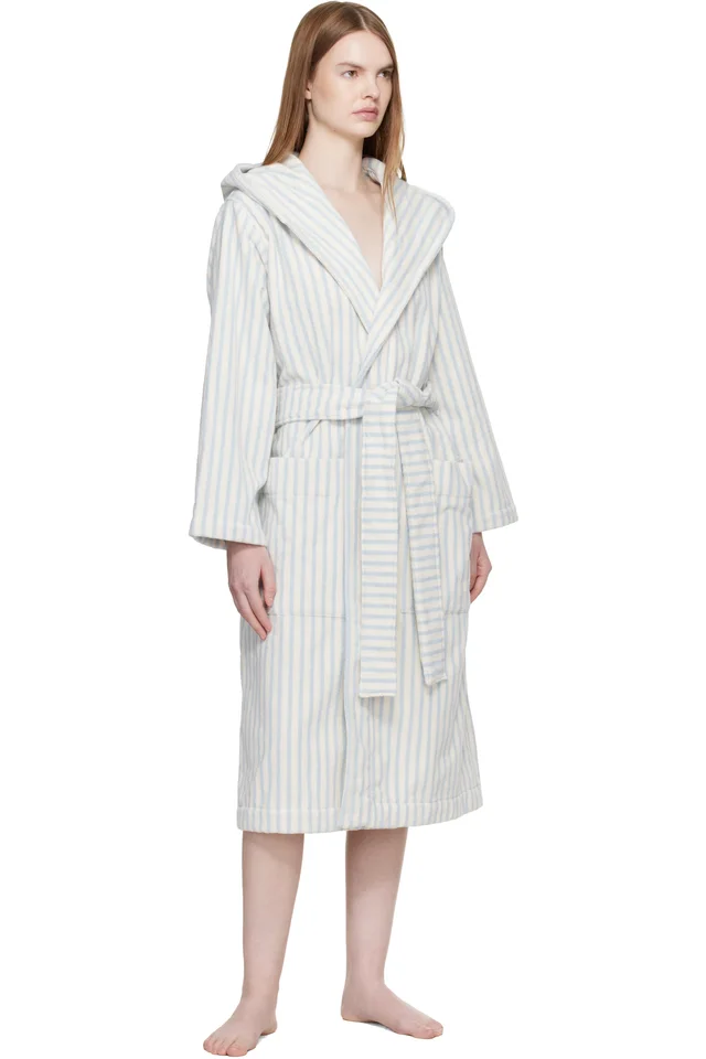 Tekla Off White & Blue Terry Hooded Bathrobe, photo 4 of 4 from SSENSE