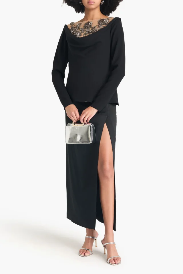 Oscar de la Renta Embellished Tulle-Trimmed Silk-Blend Top in Black, photo 2 of 4 from THE OUTNET