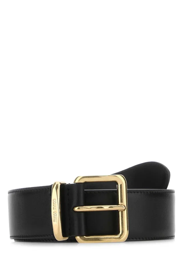 Miu Miu Gold-Buckle Leather Belt — Black Vitello in Black Leather from HEWI