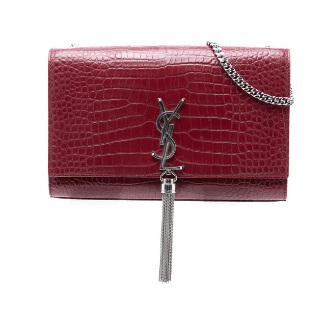 Red Saint Laurent Medium Croc Embossed Leather Monogram Kate Tassel Crossbody in Red Crocodile from Designer Revival