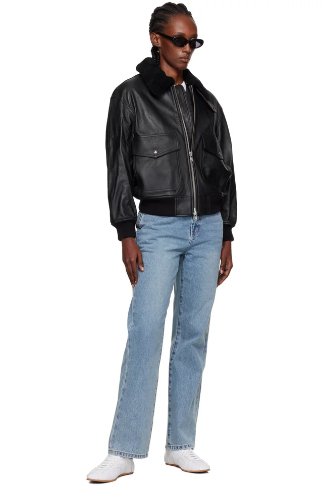 Dunst Black A-2 Shearling Collared Leather Jacket, photo 4 of 4 from SSENSE