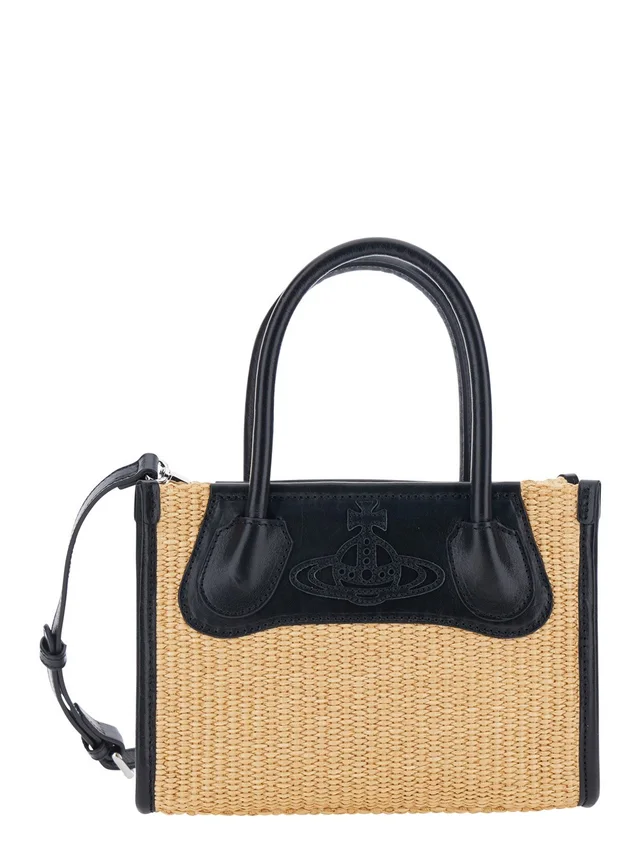 VIVIENNE WESTWOOD 'Troy' Beige Small Handbag with Logo Orb Embossed on the Front and Raffia Effect in Cotton Blend for Women in Beige 58% Cotton 42% Polyamide, photo 2 of 10 from Gaudenzi Boutique