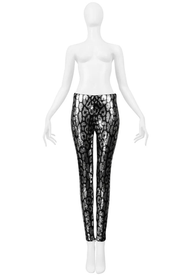 Tom Ford Silver & Black Leopard Print Sequin Leggings 2018 in Black Silk from Resurrection Vintage
