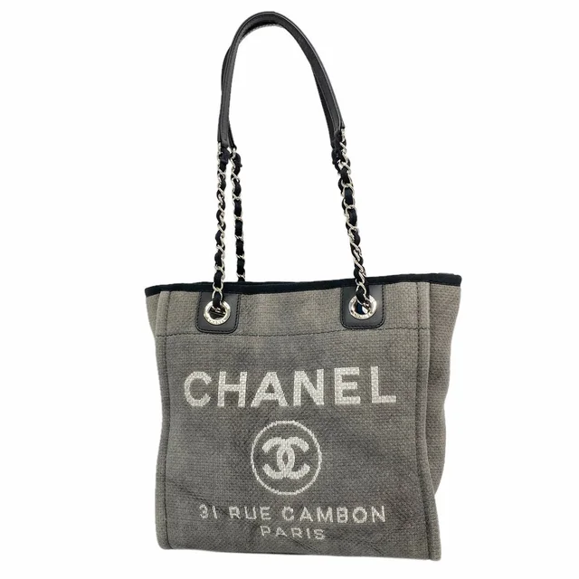 Chanel Chain Tote Deauville Canvas Gray Silver in Grey Canvas from The Reluxe