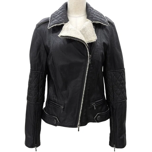 Chanel Sheepskin CC Mark Button Double Rider's Jacket #38 Black/Ivory in Black Leather from VINTAGE QOO TOKYO