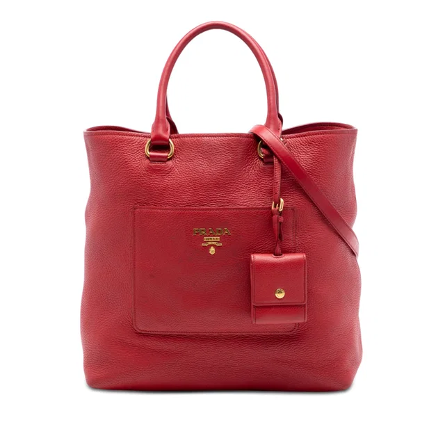 Red Prada Vitello Daino Front Pocket Convertible Tote Satchel in Red Calfskin from Designer Revival