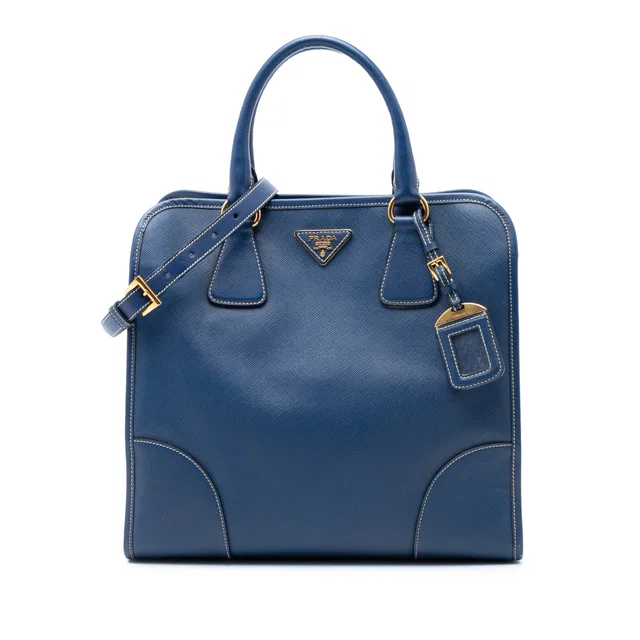 Blue Prada Saffiano Lux Shopping Tote Satchel in Blue Saffiano leather from Designer Revival