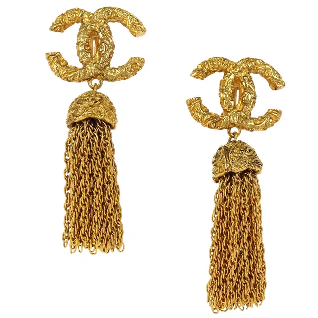Chanel Gold CC Fringe Dangle Clip-On Earrings 93A in Gold from AMORE Vintage Tokyo