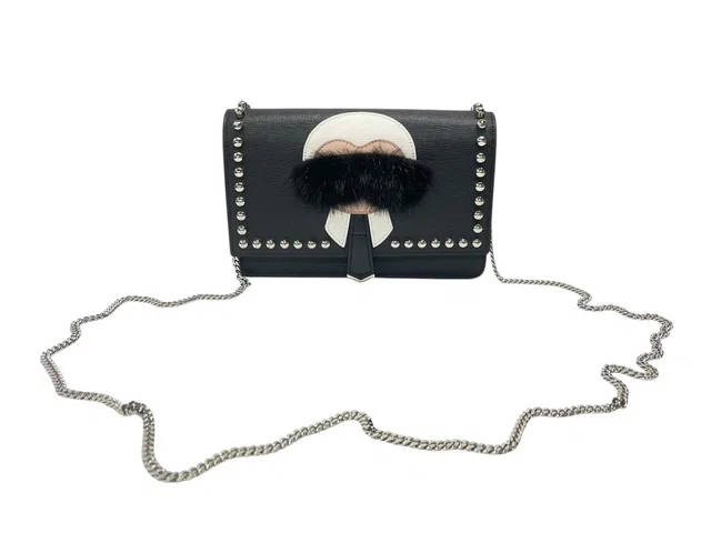 Fendi Shoulder Bag Chain Wallet Karl Lagerfeld Leather Black Silver in Black Leather from The Reluxe