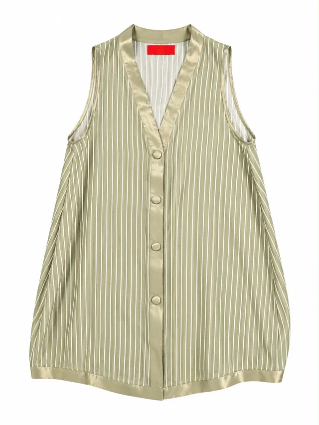 Shirt Chloe Pinstripes Organza Pipping Olive in Green Silk from Luxury Promise