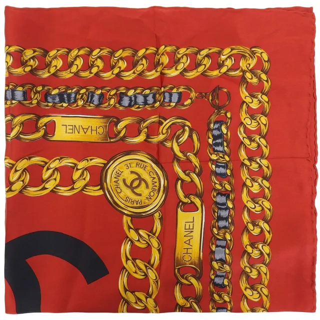 Chanel Chain Pattern Scarf, Red in Red Silk from VINTAGE QOO TOKYO, photo 3 of 10