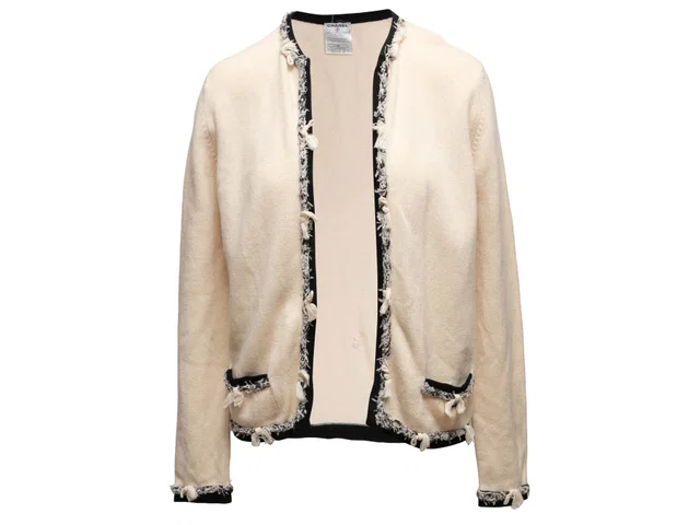 Vintage Beige & Black Chanel Cashmere Open Front Cardigan Size FR 42 in Black Cashmere from Designer Revival